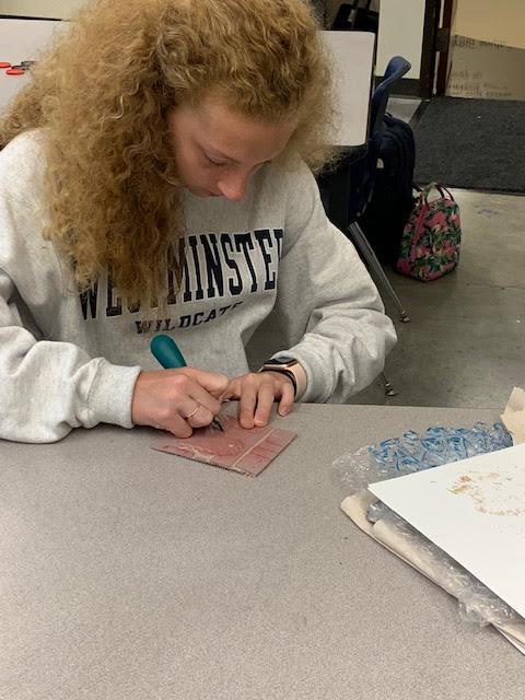 Wendel working on her next project in Sarra's new printmaking class.