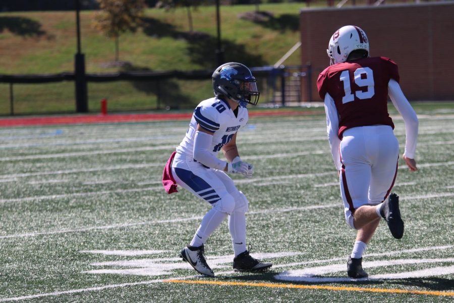 Cody Smith defends an MICDS receiver in a game on Saturday, Oct. 12.