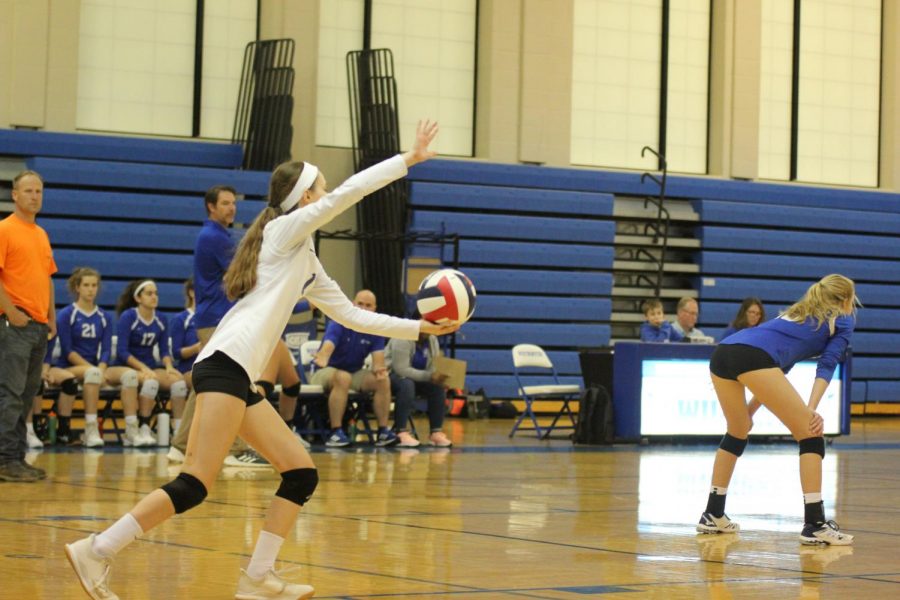 Avery Stanfill, freshman, prepares to serve the ball in one of the first varsity games this season.