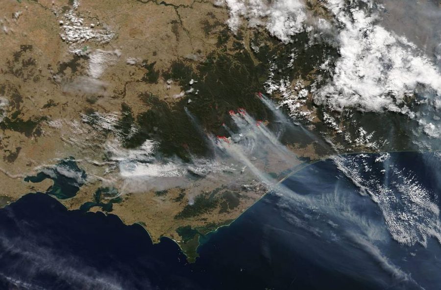 This is a space view of Victoria, Australia showing the moving bushfires as they spread over the continent. Photo by: NASA
