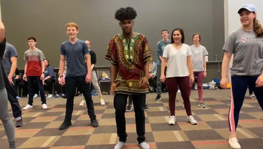 Michael Lee, Matthew Culligan, Alyssa Pritchett, and Hannah Stevenson participate in a Hamilton dance workshop. Photo by Isabella Francois