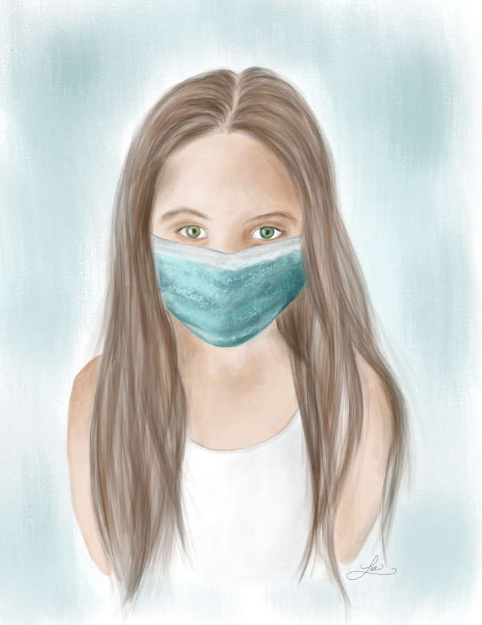 A girl is depicted wearing a mask to protect her from the Coronavirus. 