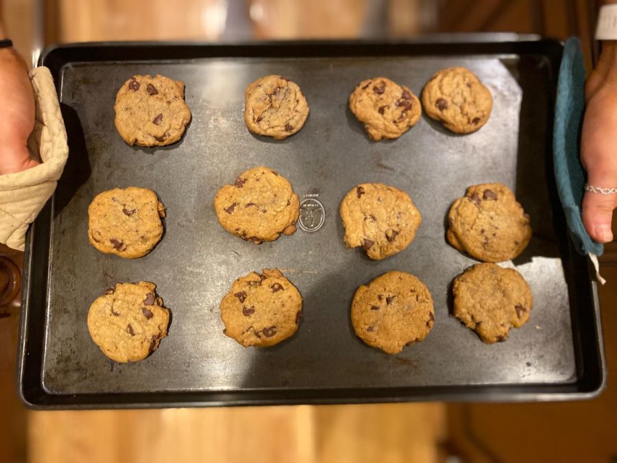 Some chocolate-chip cookies coming hot out of the oven as we were doing some baking.