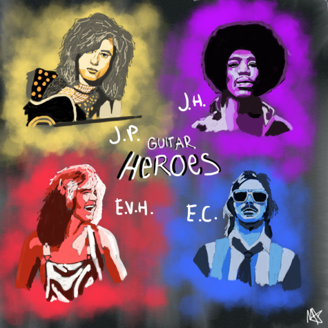 Four of the most famous guitarists of all time: Jimmy Page, Jimi Hendrix, Edward Van Halen, and Eric Clapton.