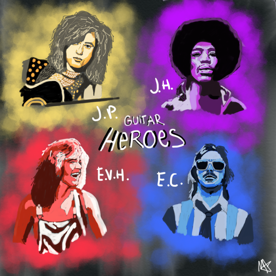 Four of the most famous guitarists of all time: Jimmy Page, Jimi Hendrix, Edward Van Halen, and Eric Clapton.