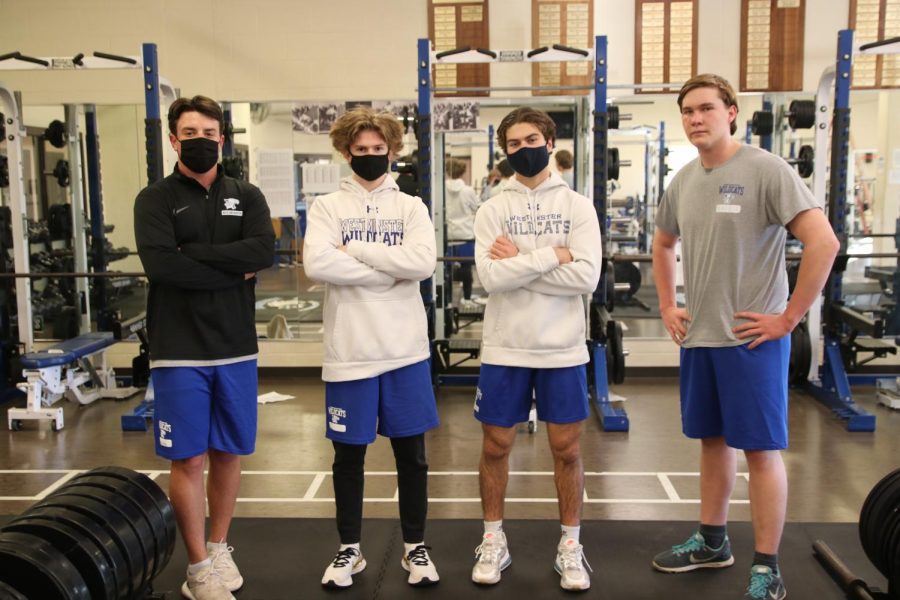 Jack Wooldridge, Caleb Bross, Harry Ottsen, juniors, and Matthew Burgess, senior, attend strength and conditioning to prepare for the season.