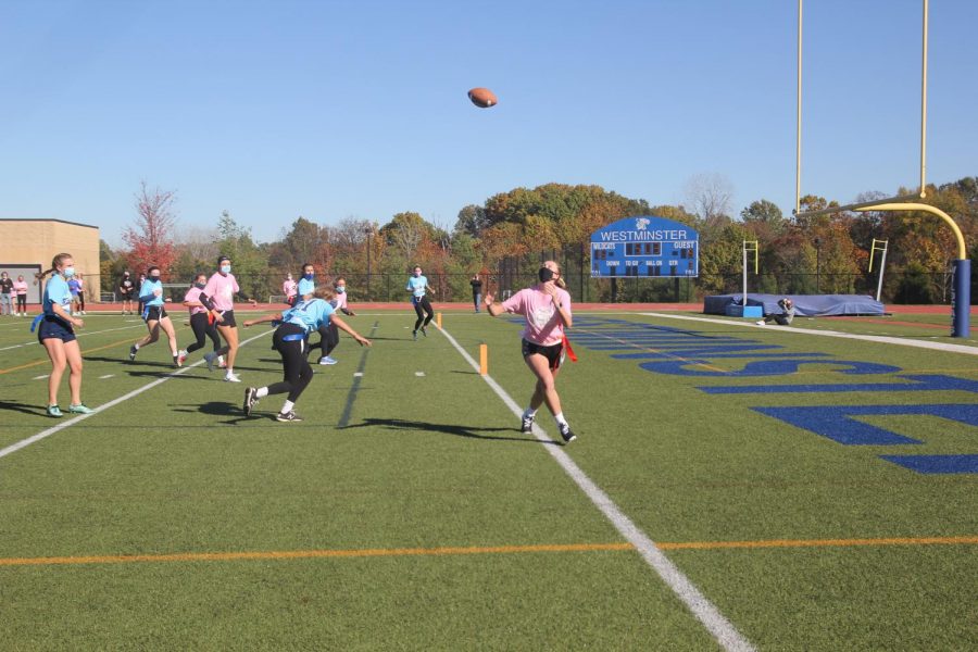 Carly Vick, junior, catches a long pass out of bounds.