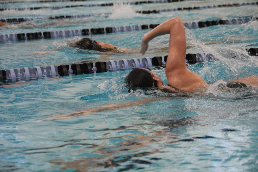 Sara Schloss swims at practice in preparation for conference meet.