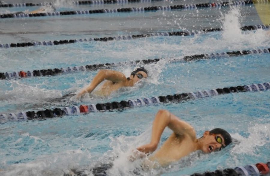 John Galakatos, sophomore, and Ahren Muehleisen, junior, work on their freestyle stroke at practice.