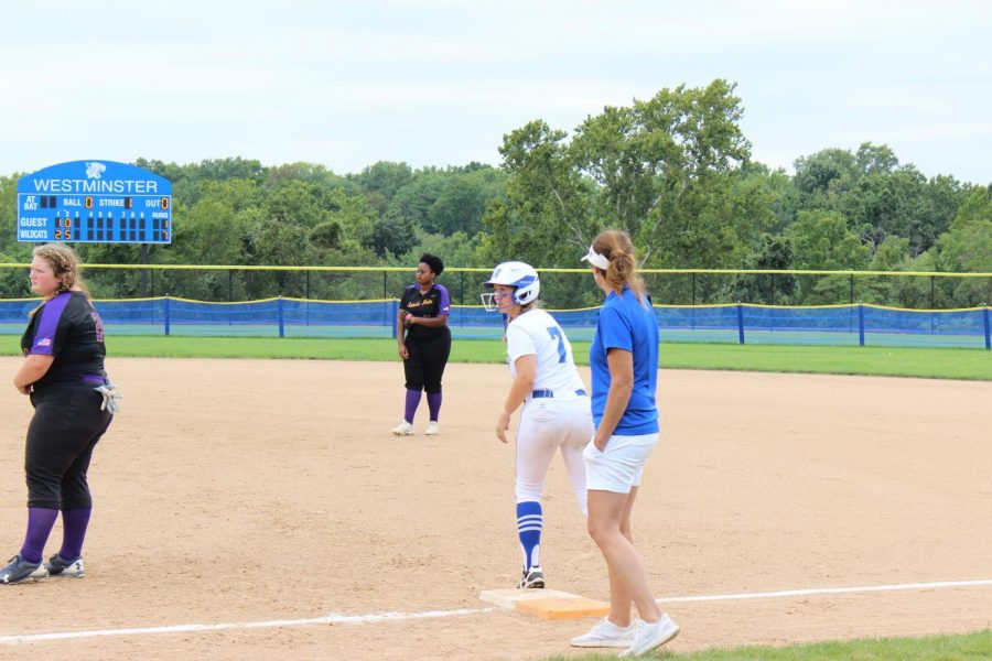 Savvy Duncan, senior, gets ready to take a big lead and steal second.