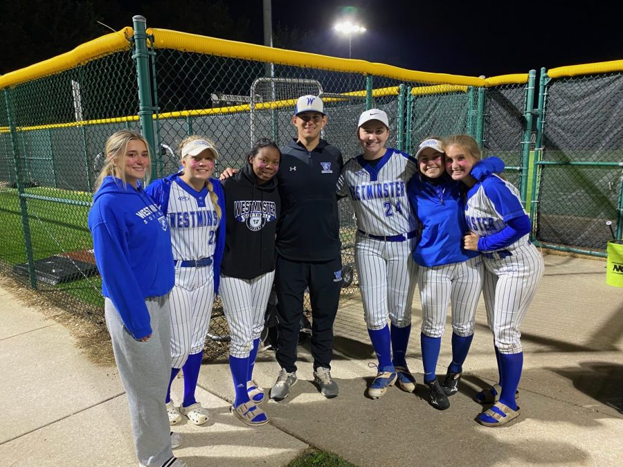 (Left to right) Katie Pederson, Hope Linam, Kennedy Pearson, Victoria Fuller, Emma Yost, and Savvy Duncan, seniors, commemorate their last game with Coach Petke.