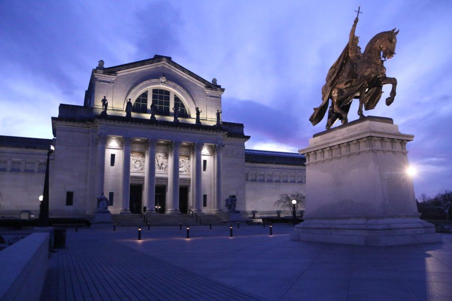 The statue of St. Louis stands guard outside of the St. Louis art museum.
