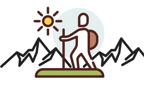 An illustration showing a man hiking