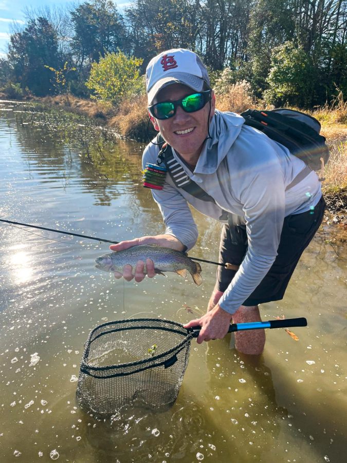 A nice rainbow trout caught at Busch Wildlife on fly tackle