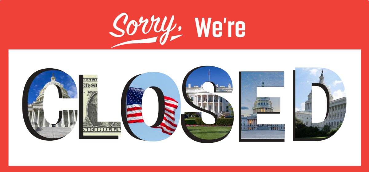 Image with closed sign using photos of the american flag, dollar bills, and Capitol building, to show a government shut down. 