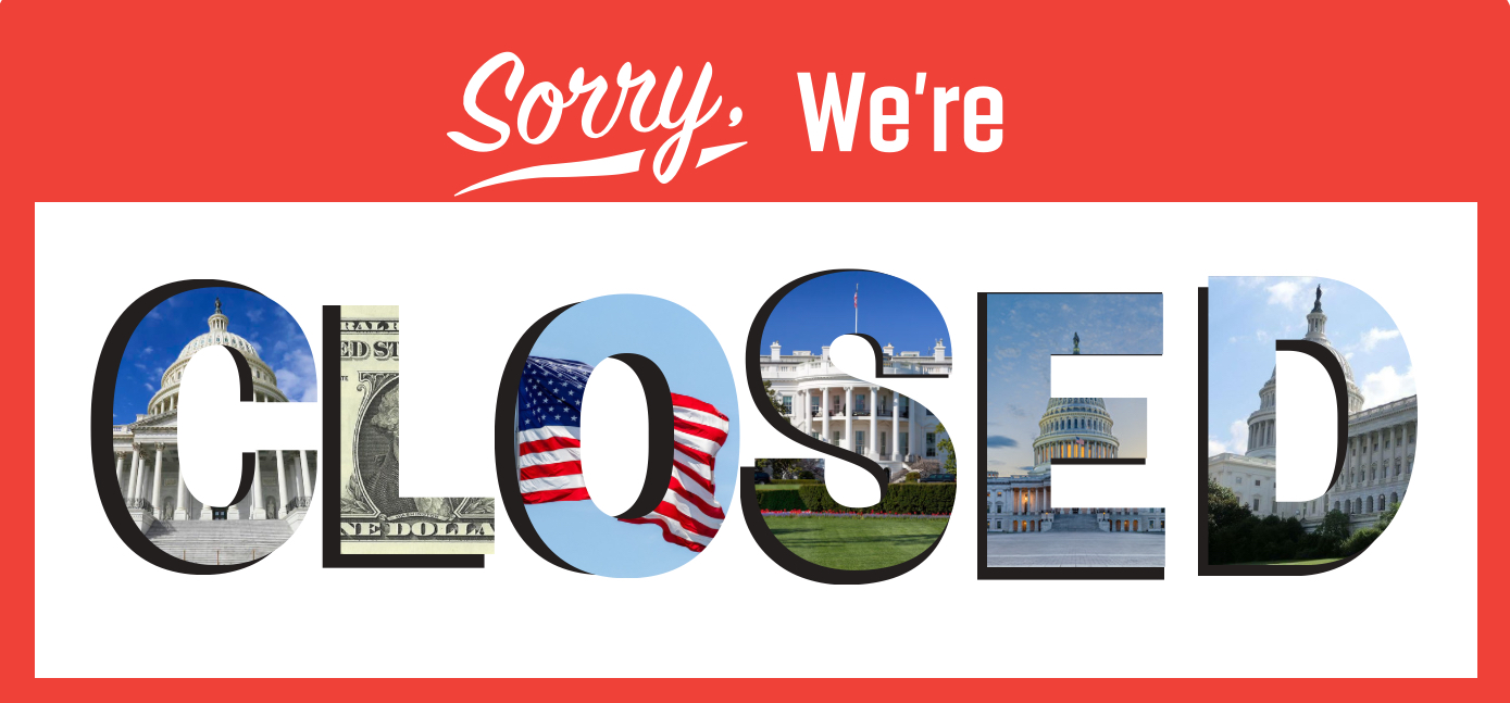 Image with closed sign using photos of the american flag, dollar bills, and Capitol building, to show a government shut down. 
