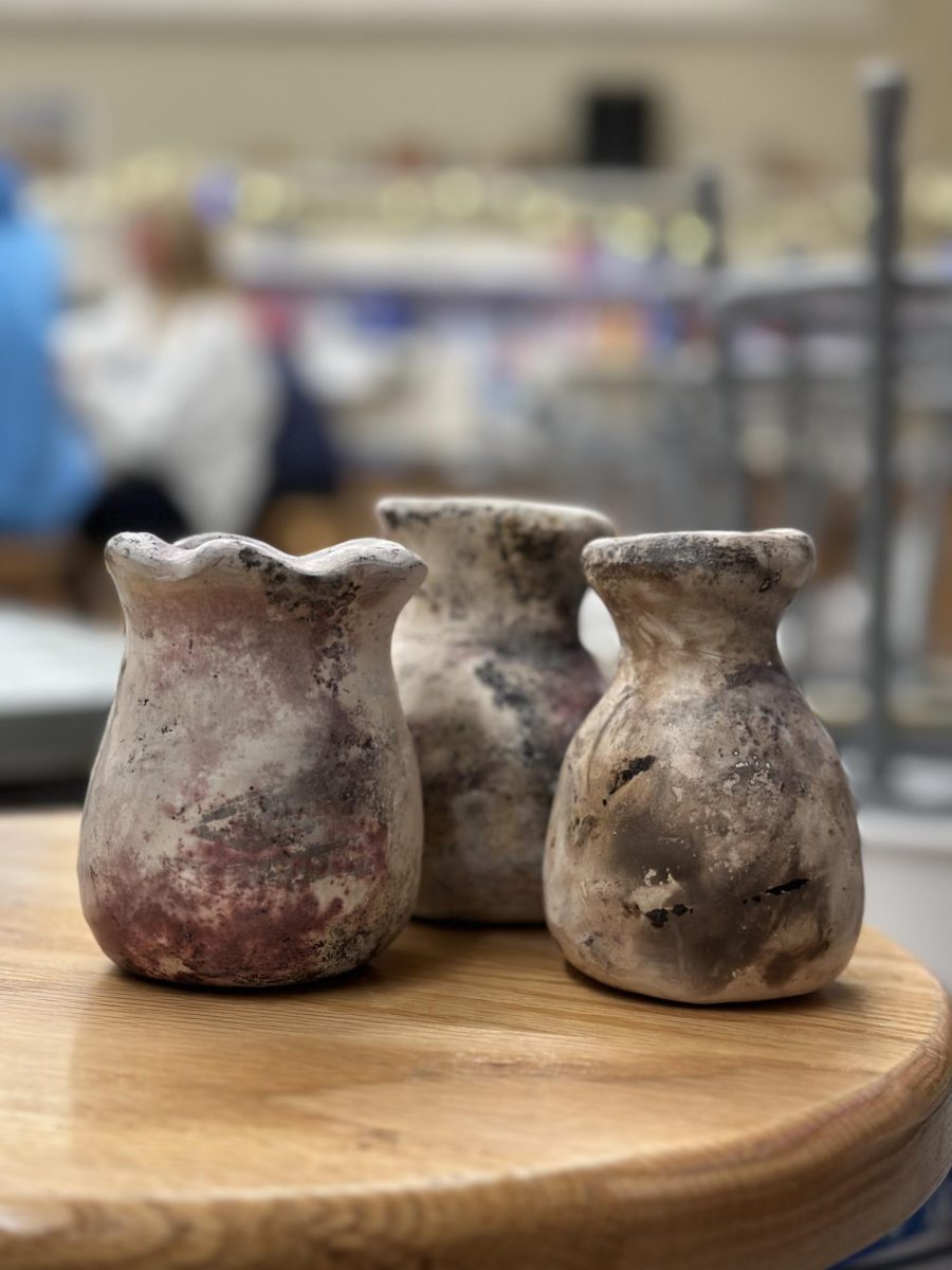 Three vases that were fired in Mrs. Dierking’s pit-fire kilns