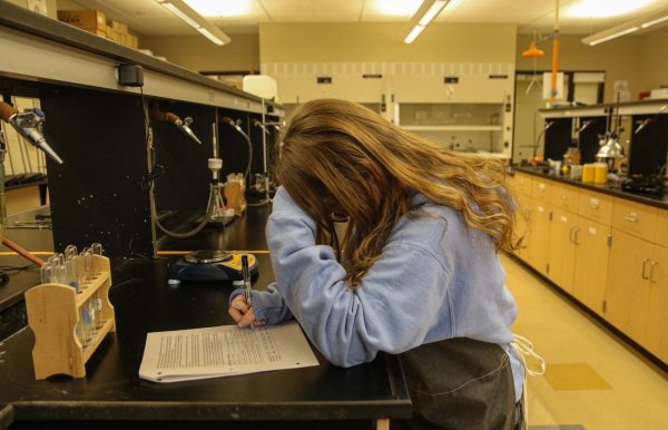 A science student struggles while working on a lab.