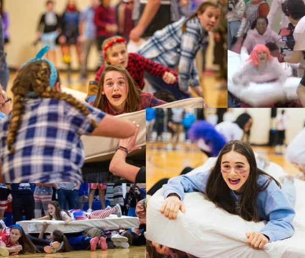 Images of Corinne Plumb participating in mattress surfing every year starting in 7th grade