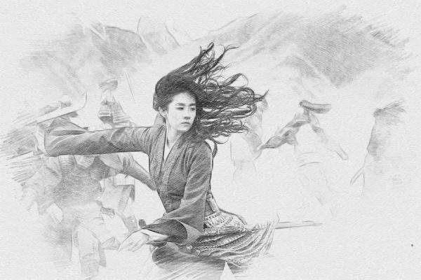 Sketch of Liu Yi Fei as Mulan in the 2020 live-action movie