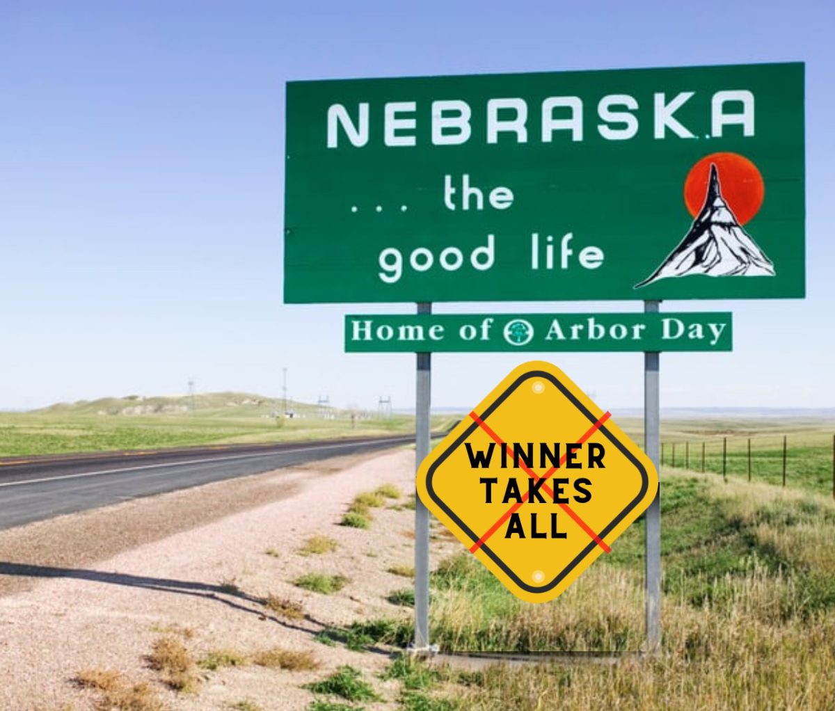 Image+of+Nebraska+road+sign+and+a+yellow+hazard+containing+the+text+%E2%80%9Cwinner+takes+all%E2%80%9D+with+a+red+x+over+it.