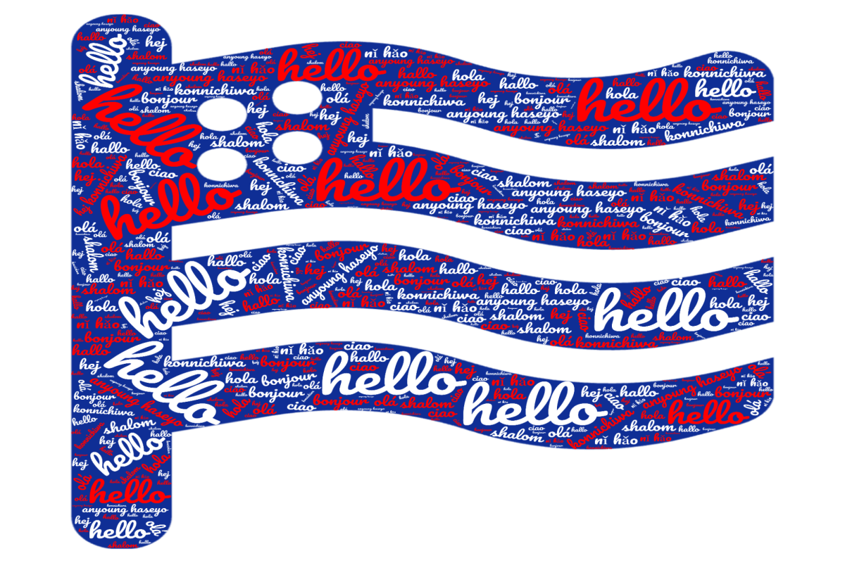 Multiple words in other languages that mean "hello" in english building together to form an American flag with "hello" being prominent