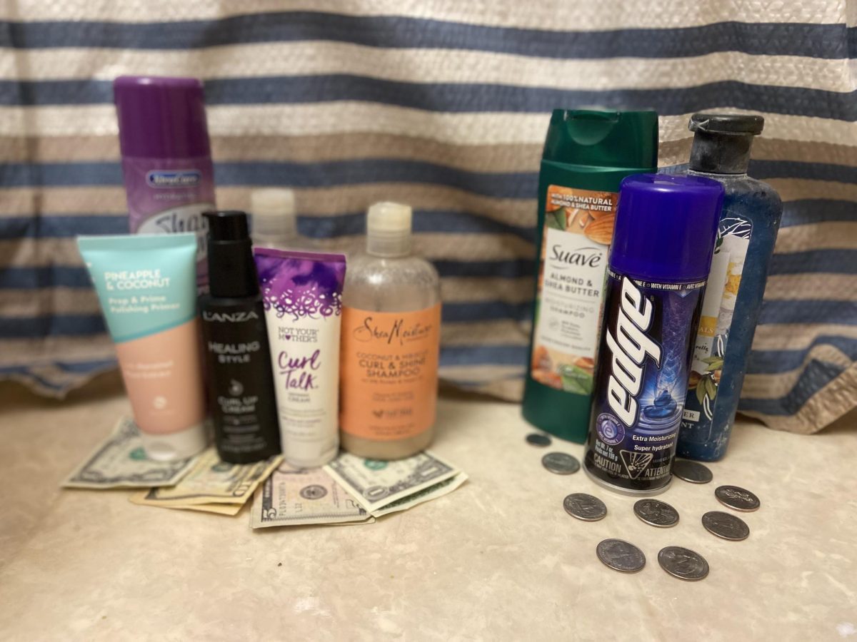 
Hygiene products separated by gender and paired with currency, showcasing the price gap.
