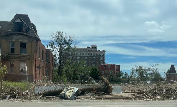 The tornado that hit the Saint Louis area on May 16th 2025 devastated this street leaving buildings in ruins.