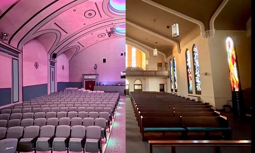 A modern church auditorium and a traditional church chapel side by side