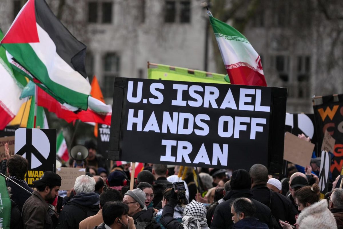 Protesters gather in London, Saturday, Feb. 28, 2026 after U.S. and Israeli forces carried out a series of strikes on Iran on Saturday morning. 