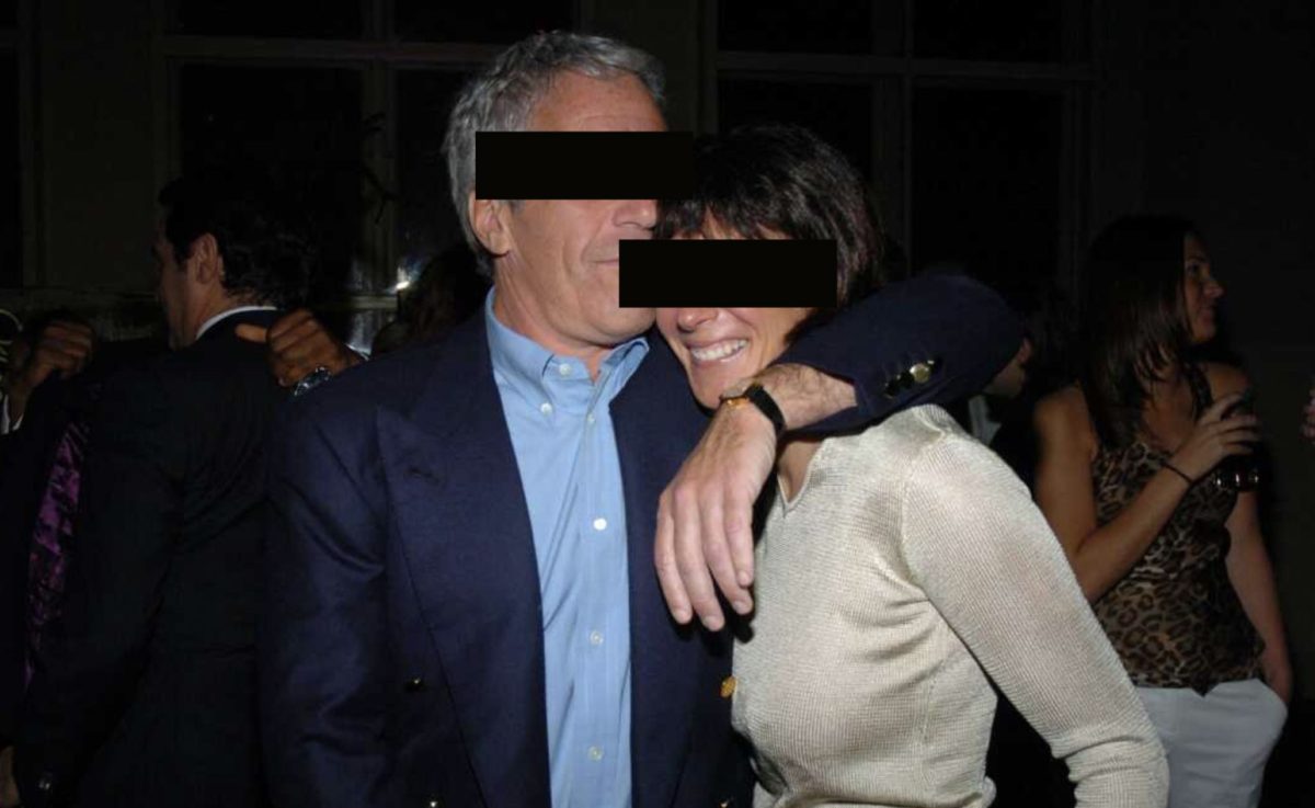 A photo Jeffery Epstein poses with his partner, Ghislaine Maxwell, at a party with their eyes blacked out. 
