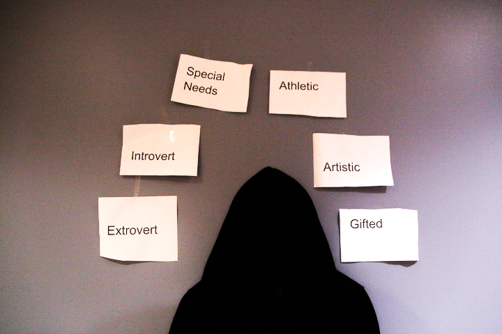 Labels with someone in front of them.